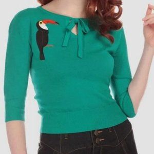 Collectif Teal Juliana Toucan 3/4 Sleeve Lightweight Crop Sweater, XS